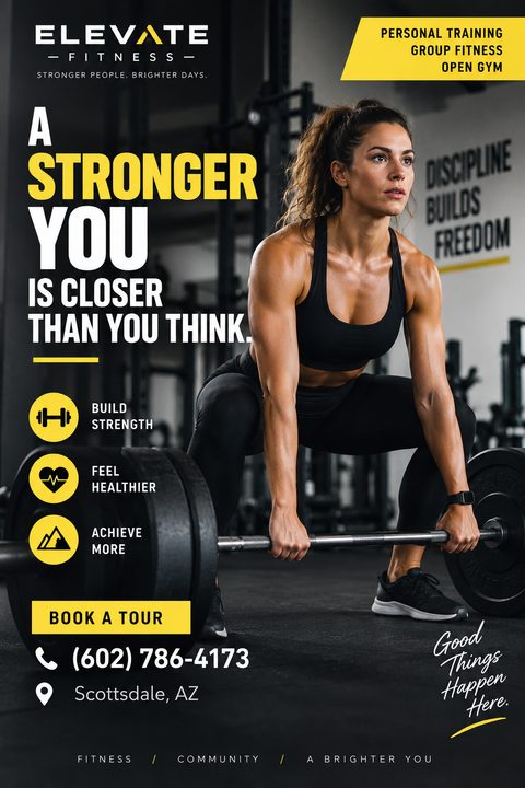 A fitness flyer featuring a woman lifting weights in a gym. Text reads 'A stronger you is closer than you think.' with a yellow and black color scheme.