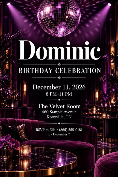 A luxurious birthday party flyer featuring a glowing purple disco ball above elegant white text. The background shows a sophisticated lounge with a purple velvet sofa, gold accents, and ambient lighting.