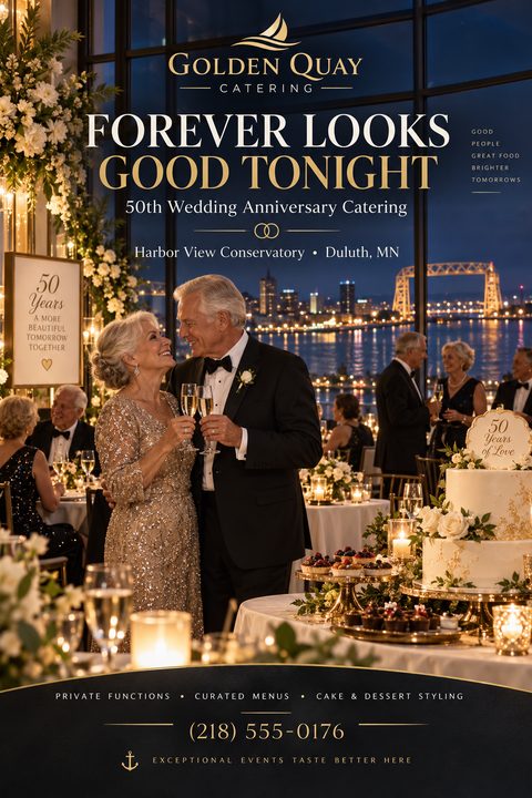 A flyer for Golden Quay Catering featuring an older couple toasting with champagne at a 50th wedding anniversary party. The background shows a city skyline at night through large windows. Text reads 'Forever Looks Good Tonight' and '50th Wedding.