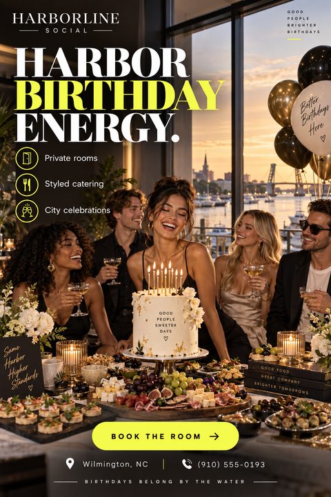 Flyer for a birthday venue and catering service. A group of friends celebrates around a table with a birthday cake and a large spread of food, with a harbor view in the background. Text reads 'Harbor Birthday Energy' with neon yellow accents.