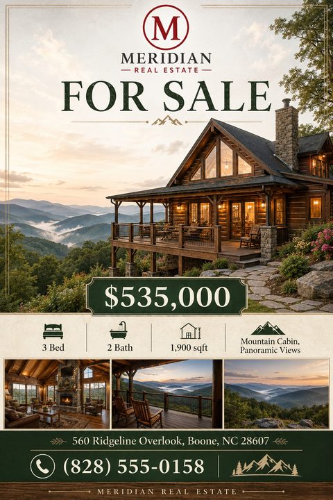Real estate for sale flyer featuring a large photo of a rustic mountain cabin at sunset, a dark green price banner, property details with icons, and three smaller interior and view photos below.