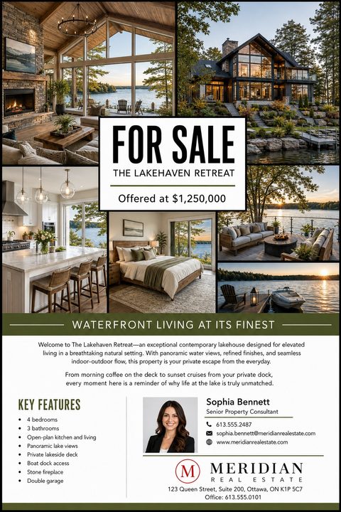 Real estate flyer template featuring a photo collage of a luxury waterfront home, including exterior, interior, and deck views. Text reads 'For Sale' with property details, agent contact info, and a list of key features.