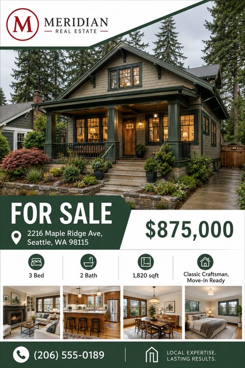 A real estate for sale flyer featuring a large exterior photo of a house, a dark green banner with price and address, property detail icons, and four smaller interior photos at the bottom.