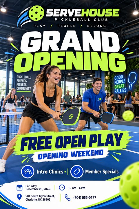 Flyer for a pickleball club grand opening featuring a photo of a man and woman playing pickleball on an indoor blue court. Large neon green text reads 'Grand Opening'.