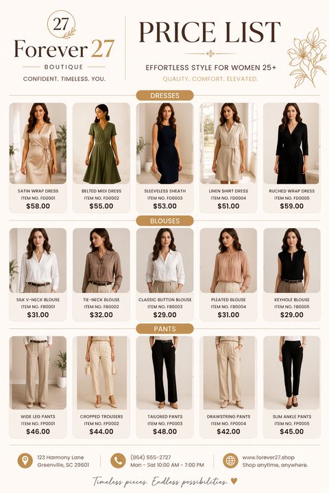 A fashion boutique price list flyer titled 'Forever 27' showing a grid of 15 photos of women modeling dresses, blouses, and pants, each with an item name, number, and price.