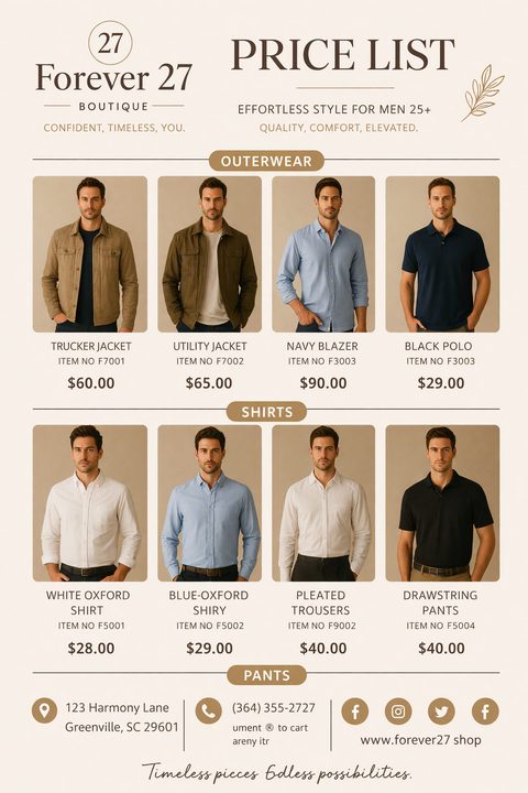 A price list flyer for a menswear boutique titled 'Forever 27 Boutique'. It features a grid of eight photos showing a male model wearing different clothing items like jackets, shirts, and polos, each with a name, item number, and price.